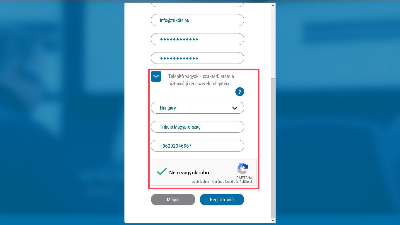 Protegus regisztráció telepítőknek: válassz területet, add meg a cég nevét és a telefonszámát